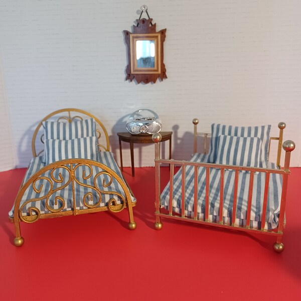 Vintage DOLLHOUSE METAL BEDS with Bedding | Brass Bed Replicas for Dollhouse