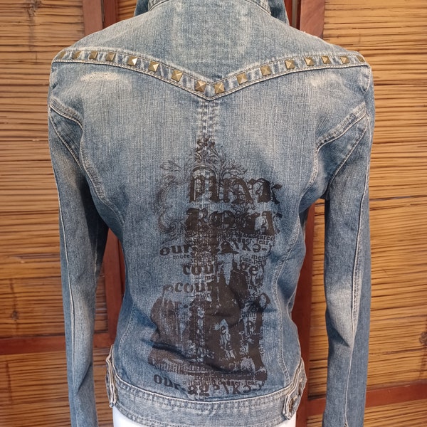 GUESS Distressed Denim Jacket | Studded Punk Rock Jean Jacket Courage | GUESS Graphic Denim Jacket