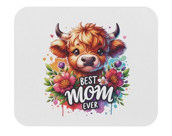 Best Mom Ever Highland Cow and Flowers Mouse Pad (Rectangle) 9"x8", Mother's Day,  Birthhday Gift For Mom, Someone Who loves Cows