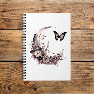 Spiral Notebook - Floral Half Moon Butterfly Notebook, Gift For Someone Who Loves Butterflies,Ruled Line