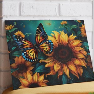 May include: A vibrant canvas print featuring a colorful butterfly with orange, blue, and yellow wings, set against a backdrop of sunflowers. The sunflowers have bright yellow petals and dark green leaves, creating a nature-themed artwork.