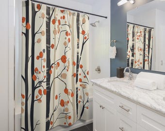 Autumn Birch Tree Shower Curtain, Forest Bathroom Decor