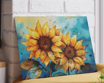 May include: Watercolor painting of two sunflowers with yellow petals and brown centers against a blue and yellow background. The artwork features a vibrant, artistic style, with visible brushstrokes and color splashes, creating a cheerful and decorative piece.
