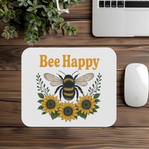 Bee Happy Sunflower Mouse Pad, Floral Office Decor, Yellow Flower Gaming Pad, Inspirational Quote, Rectangle Mousepad
