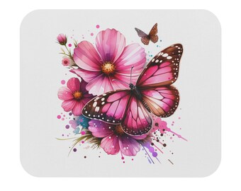 Pink And Brown Butterfly Flower Mouse Pad (Rectangle), 9"x8", Gift for Someone Who Loves Butterflies