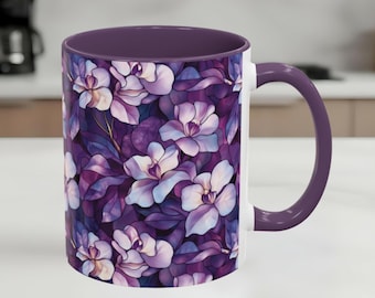 Purple Floral Coffee Mug, Violet Botanical Stained Glass Look Ceramic Mug