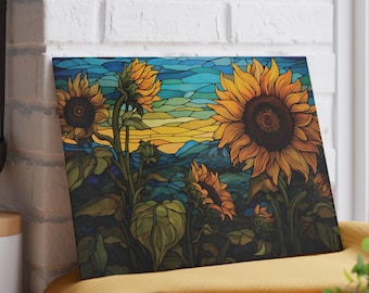 Sunflower Sunset Glass Cutting Board, Stained Glass Inspired Kitchen Chopping Board