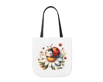Cute Ladybug on Daisies Canvas Tote Bag, Color Straps Options, Someone Who Loves  Ladybugs, flowers