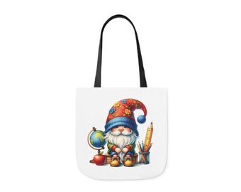 Teacher Gnome Canvas Tote Bag, Color Straps