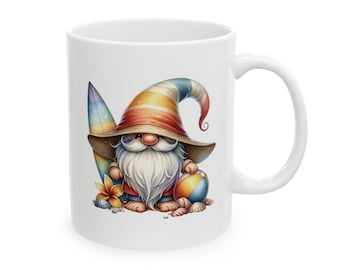 Beach Gnome Ceramic Mug, 11oz, Coffee Cup, Someone Who Loves Gnomes, Beach