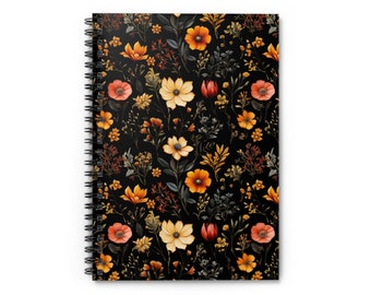 Spiral Notebook  - Elegant Black Wildflower Floral Spiral Notebook - Ruled Line - 8x6 - Wildflower Gift