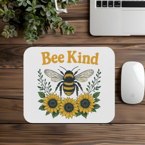 Bee Kind Mouse Pad | Floral Desk Accessory, Gift for Nature Lovers, Office Decor, Inspirational Gift, Sunflower Design