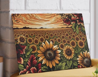 May include: A rectangular canvas print featuring a field of sunflowers under a sunset sky. The sunflowers are yellow and brown, with green leaves. The sky is orange and yellow with wispy clouds. Red and burgundy flowers frame the edges.