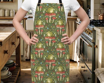 Frog Apron, Cottagecore Kitchen Apparel, Mushroom Design, Cooking Accessory, Gardening Gift, Whimsical Cooking Apron, Rustic