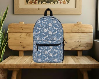 Dragonfly Floral Backpack, Blue and White Vintage Flower Booksack with Dragonflies, School Bag
