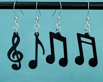 Muzieknootoorbellen, sterlingzilveren haken, mix & match zwart