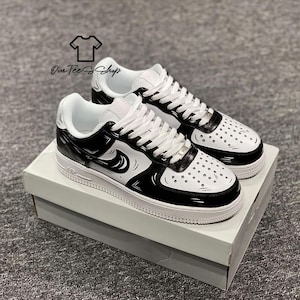 Custom White Black Cartoon AF1 Sneakers, Personalized Sneakers, Hand Painted Air Force 1 Shoes