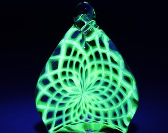 UV Reactive Reticello Glass Paperweight | Handblown Art Glass Sculpture | Glow Under Blacklight