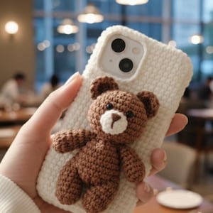 May include: A white phone case with a crocheted teddy bear design. The bear is brown with a white muzzle and is attached to the textured, off-white case. The phone case has a camera cutout and is held in a person's hand.