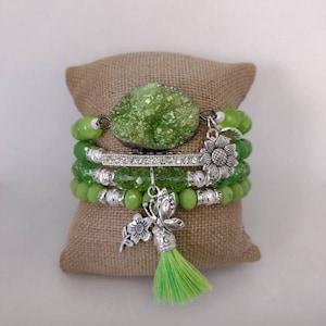 Boho 4 piece Neon Lime Green Agate Druzy Quartz crystal rhinestone sunflower butterfly charm tassel stretch beaded bracelet stack set