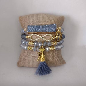 Boho 4 piece Light Denim Slate Blue Agate Druzy Quartz Crystal rhinestone heart lock key charm tassel stretch bracelet stack set