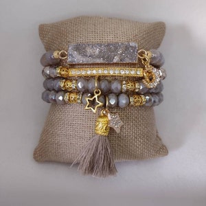 Boho 4 piece Taupe Tan Agate Druzy Quartz Crystal rhinestone crescent moon star charm beaded tassel stretch beaded bracelet stack set