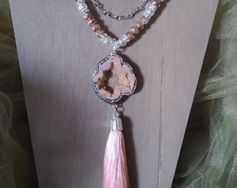 Gorgeous Fuchsia Pink Agate Druzy quartz slab crystal rhinestone pendant tassel crown charm long necklace
