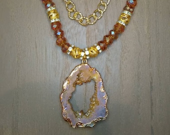 Coral peach druzy triple strand layered necklace