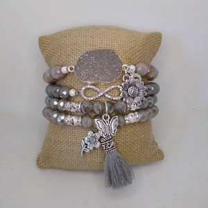 Boho 4 piece Taupe Gray Grey Agate Druzy Quartz Crystal silver rhinestone sunflower butterfly charm tassel stretch beaded bracelet stack set
