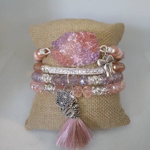 Boho 4 piece Pastel Lavender Rose Pink Agate Druzy crystal rhinestone Bow Handbag Crown charm tassel stretch beaded bracelet stack set