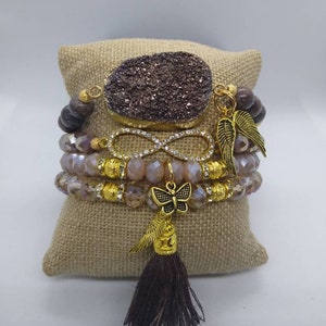 Boho 4 piece Chocolate Brown Agate Druzy quartz crystal rhinestone Butterfly Angel Wings charm bead tassel stretch beaded bracelet stack set