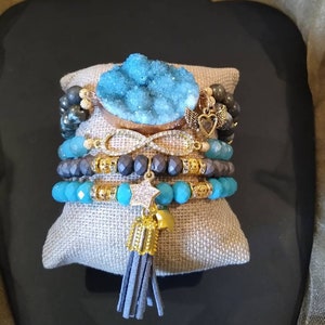 Boho 4 piece Turquoise Teal blue gray agate druzy quartz crystal rhinestone star angel wings charm tassel stretch bracelet stack set