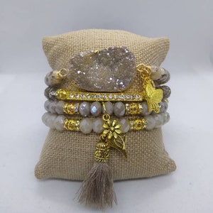 Boho 4 piece Taupe Tan Beige Agate Druzy quartz crystal rhinestone butterfly flower charm beaded tassel stretch beaded bracelet stack set