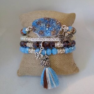 Boho 4 piece Carolina Blue Brown Agate Druzy quartz crystal silver rhinestone bow crown charm tassel stretch beaded bracelet stack set