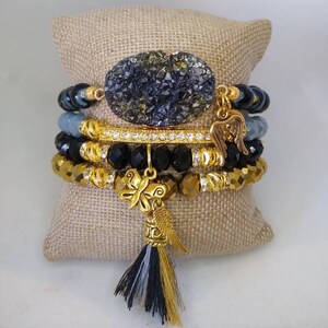 Boho 4 piece Black Gold Gray Agate Druzy quartz crystal rhinestone angel wing butterfly charm tassel stretch beaded bracelet stack set