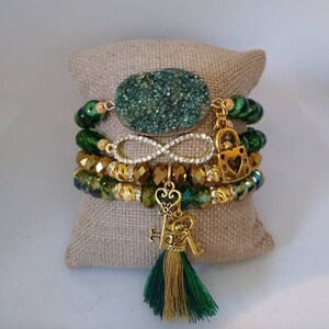 Boho 4 piece Forest Green Gold Agate Druzy Quartz jade crystal rhinestone heart key charm tassel stretch beaded bracelet stack set