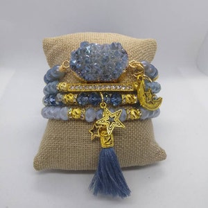 Boho 4 piece Slate Blue Gray Agate Druzy quartz crystal rhinestone Moon Star charm tassel stretch beaded bracelet stack set