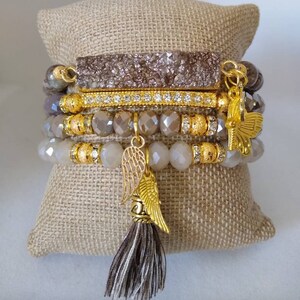 Boho 4 piece Taupe Tan Agate Druzy Quartz Crystal rhinestone butterfly angel wing charm beaded tassel stretch beaded bracelet stack set