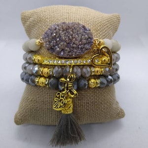 Boho 4 piece Taupe Tan Beige Agate Druzy quartz crystal rhinestone heart bow charm beaded tassel stretch beaded bracelet stack set