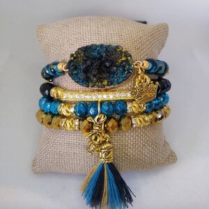 Boho 4 piece Black Turquoise Gold Agate Druzy Quartz  crystal rhinestone crown bow charm tassel stretch beaded bracelet stack set