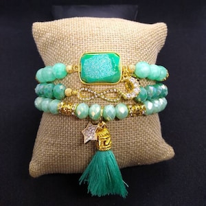 Boho 3 piece Teal Green Agate Druzy Quartz Jade crystal rhinestone moon star charm tassel stretch beaded bracelet stack set