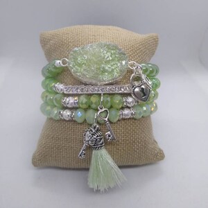 Boho 4 piece Pastel Lime Green Agate Druzy Quartz crystal rhinestone heart lock key charm tassel stretch beaded bracelet stack set