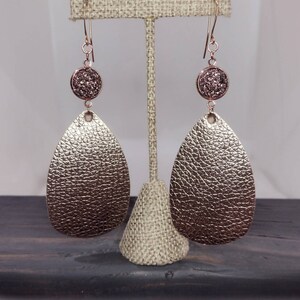Boho Shimmer Rose Gold Simulated Agate Druzy Quartz Teardrop faux leather chandelier dangle earrings.