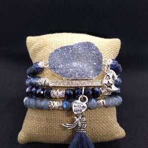 Boho 4 piece Navy Blue Agate Druzy quartz crystal silver rhinestone Heart Moon Star charm tassel stretch beaded bracelet stack set