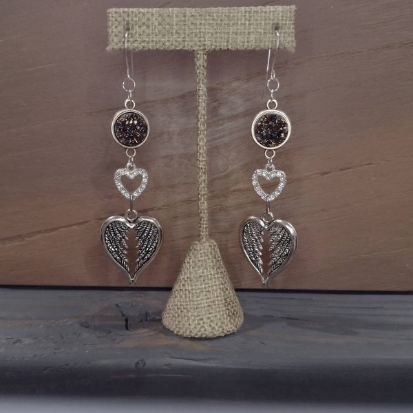 Boho Burgundy Wine Rhinestone Heart Angel Wings Simulated Agate Druzy Quartz chandelier dangle silver plated earrings