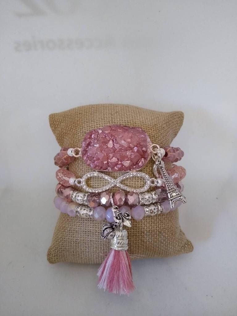 Rhinestone and Bead Pink Wrap Bracelet with Eiffel Tower Charm Betsy Johnson Beaded Charm Bracelet, Paris Efiel Tower Charm  main image 4