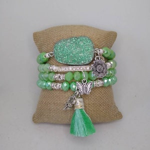 Boho 4 piece Seafoam Green Druzy Agate Quartz crystal rhinestone sunflower butterfly charm tassel stretch beaded bracelet stack set
