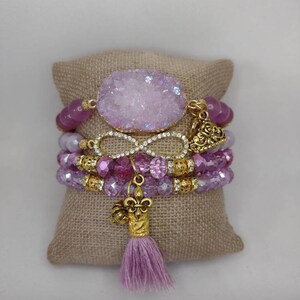 Boho 4 piece Pinkish Lavender Agate Druzy quartz crystal rhinestone Crown Fleur de lis charm tassel stretch beaded bracelet stack set