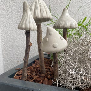 Puede incluir: Un conjunto de cuatro adornos de jardín con forma de hongo de hormigón. Los sombreros de los hongos son de color gris claro con superficies texturizadas y están unidos a tallos de ramitas marrones naturales. Los hongos están en una maceta gris oscura.