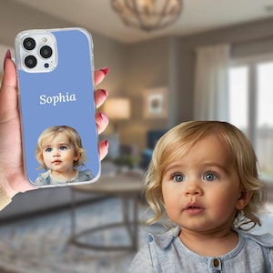 Portrait personnalisé de coque de téléphone pour bébé à partir d'une photo + nom, iPhone et Samsung, idée cadeau pour mari femme maman papa soeur ami famille grand-mère